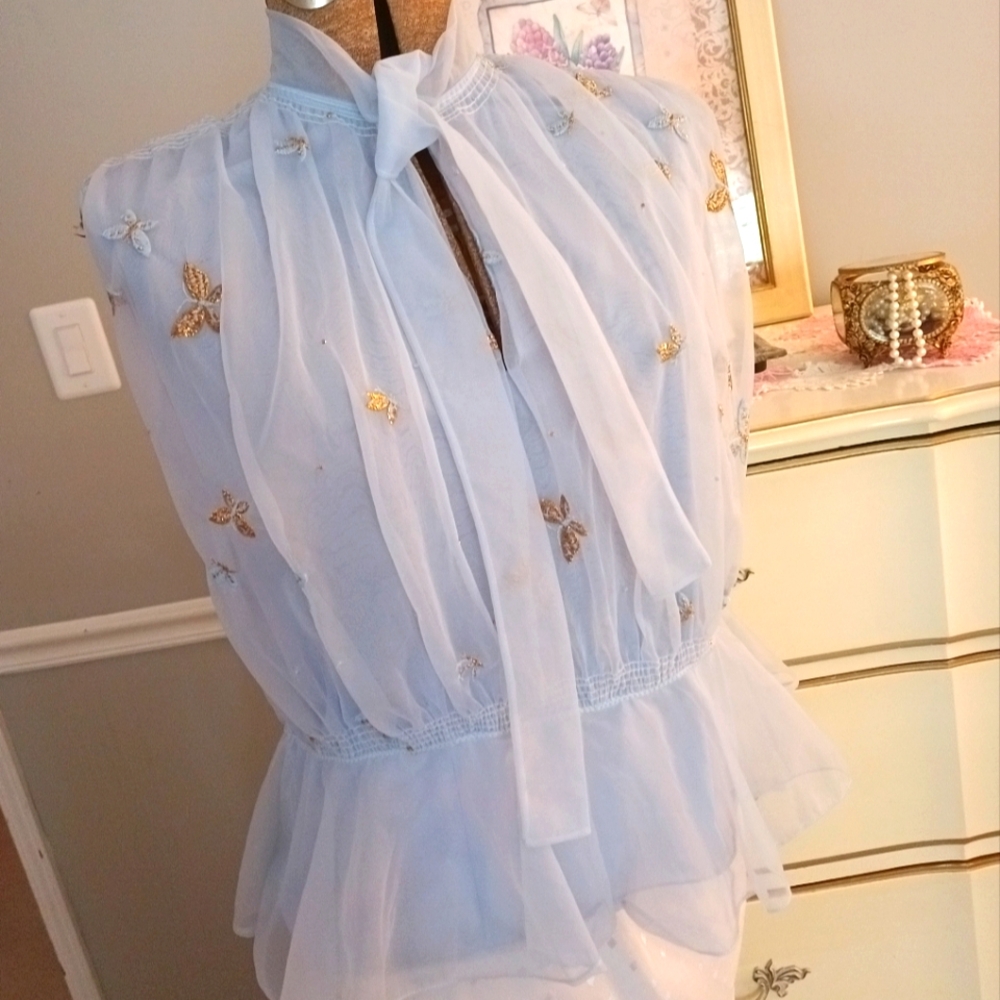 RARE, VINTAGE "EYEFUL BY THE FLAUMS" BLUE NYLON CHIFFON TOP! LIKE NEW! - Picture 4 of 17